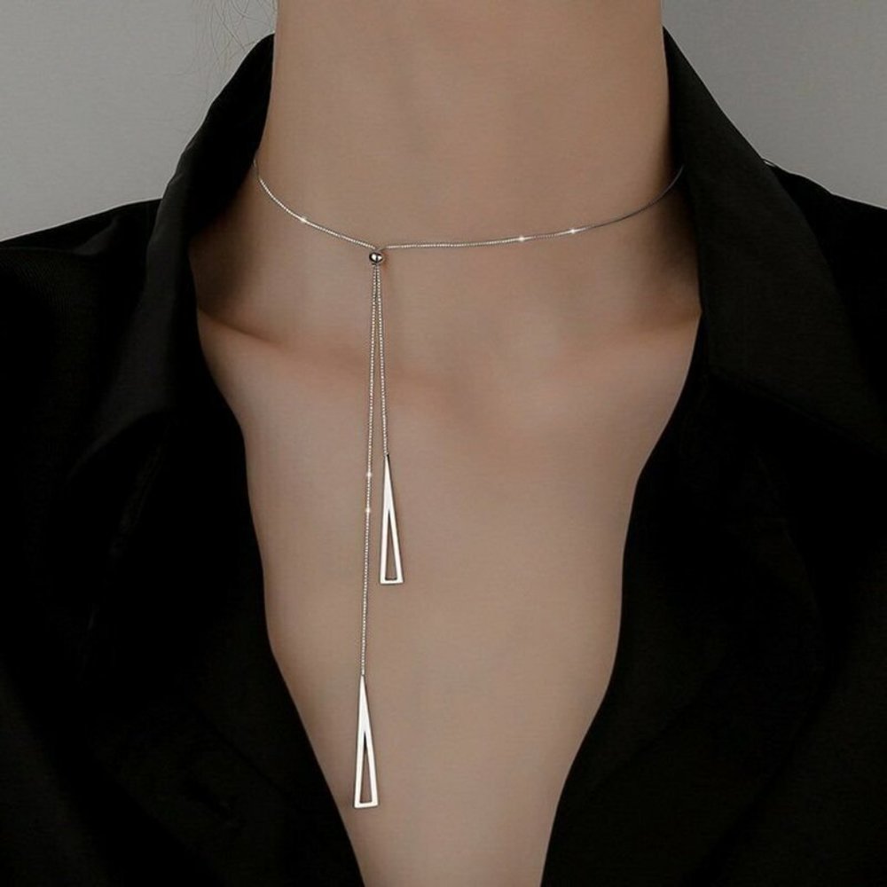 Silver Triangle Tassel Necklace Choker‎ Clavicle Pendant Women Chain Jewelry